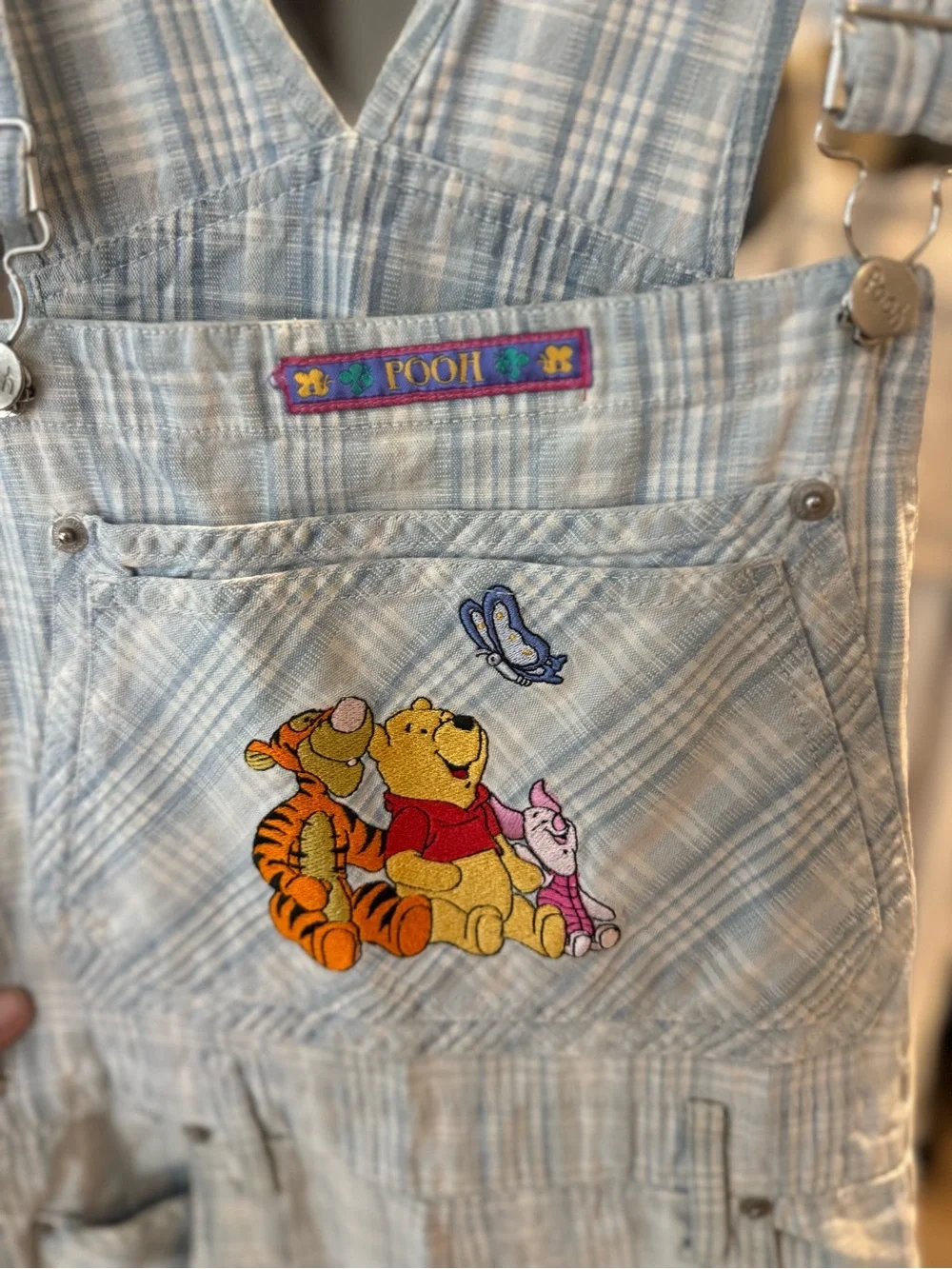 Disney Light Blue Plaid Winnie the Pooh & Tigger Short Overalls